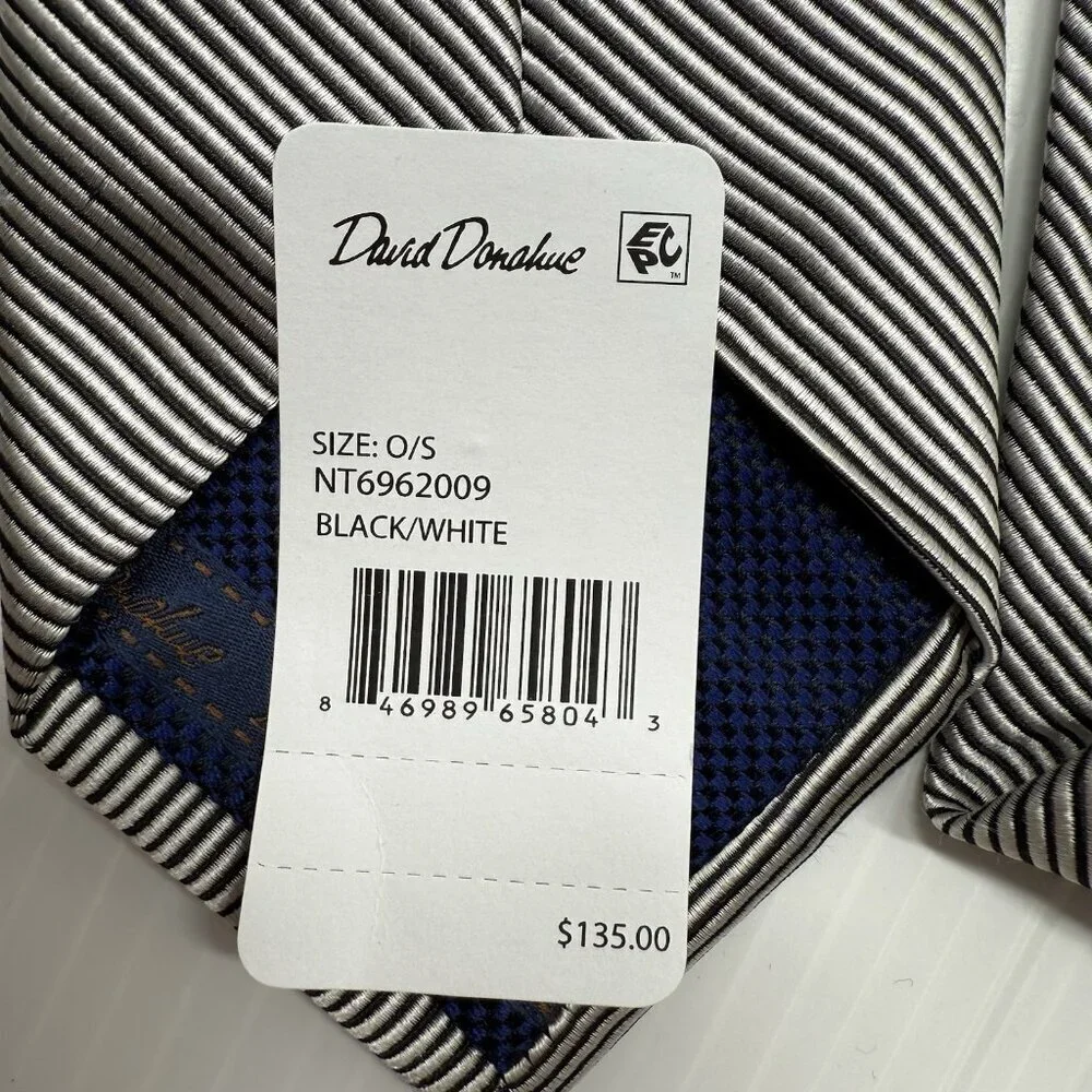 David Donahue Silk Tie Black White Stripe Twill Italian Made Classic $135 New